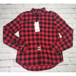 Denim & Flower Mens Size Large Red Black Plaid Flannel Long Sleeve Button-Up